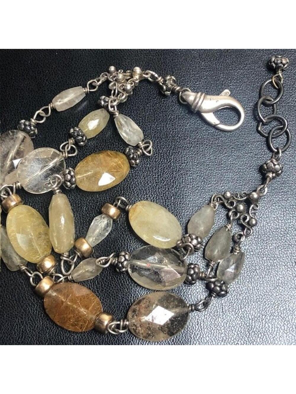 9119 VNTG Patina Sterling Silver Multi-Strand Rutilated Quartz Bracelet 7-8"